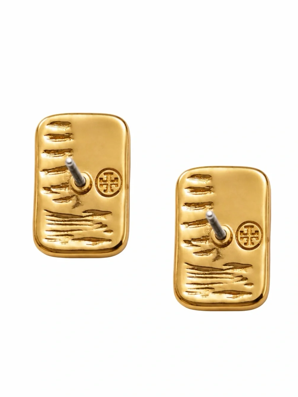 TORY BURCH • Gold Torsade Signature Luggage Tag Nugget Logo Plaque Earrings